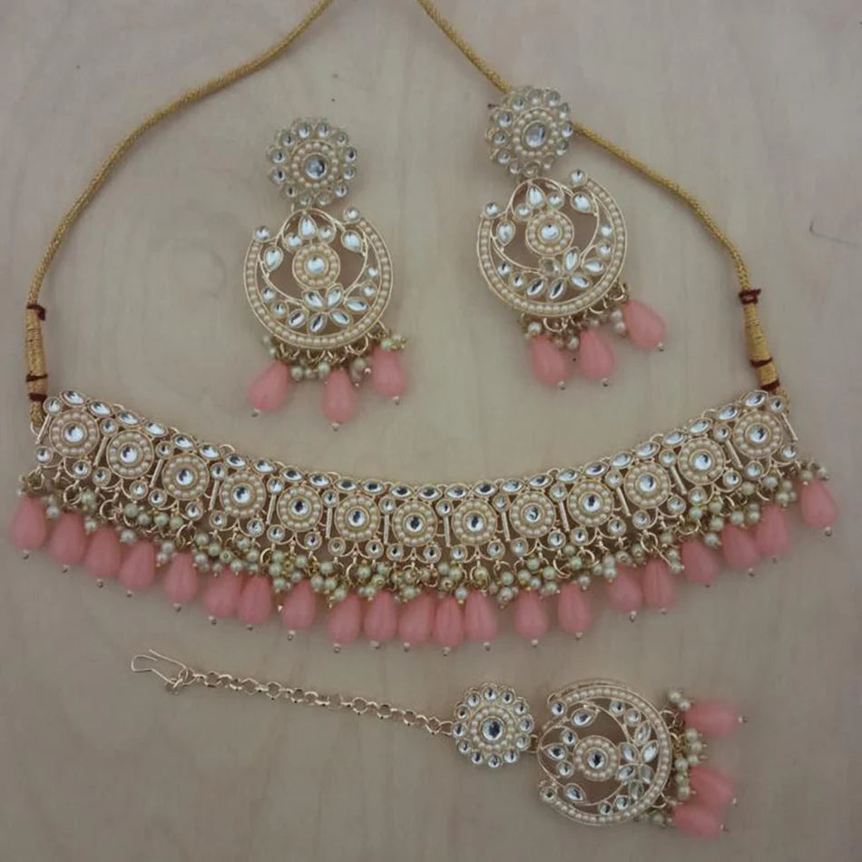 Simple Pink Choker Set With Earrings