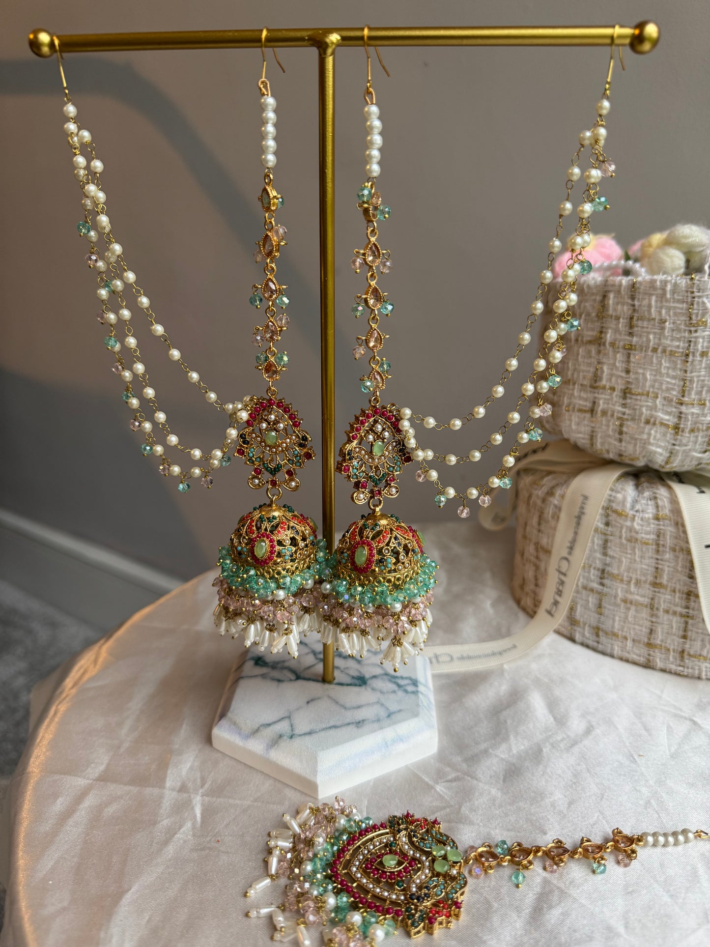 Light Blue And Pink Multi Jhumki Tikka Set