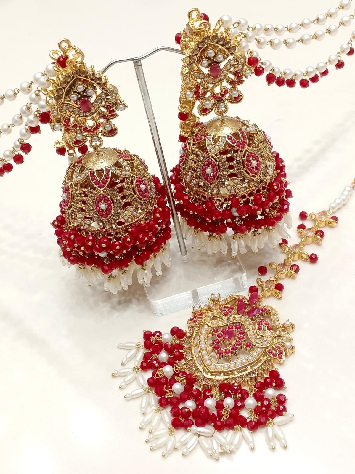 Jhumkis + Tikka ( Gold Royal Red )