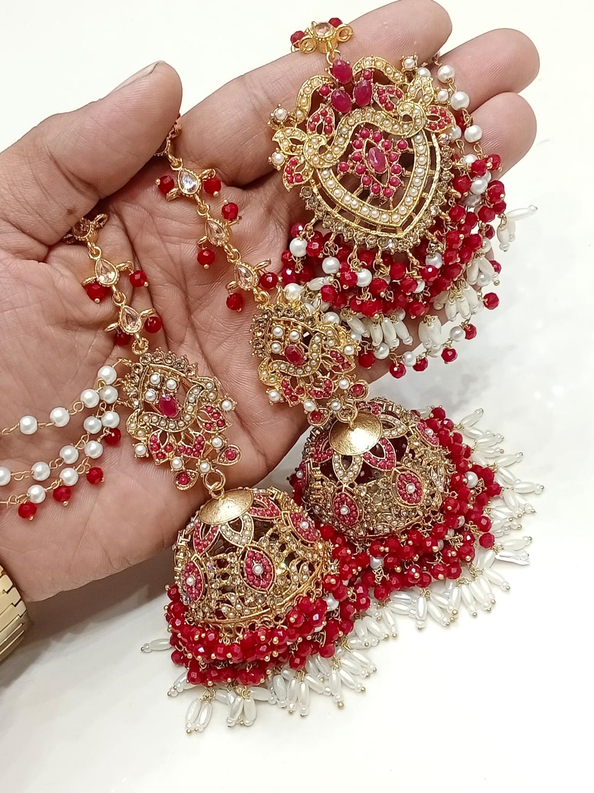 Jhumkis + Tikka ( Gold Royal Red )