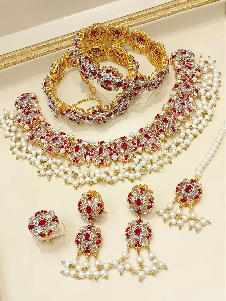 Full Desi Jewellery Set (Silver Red)