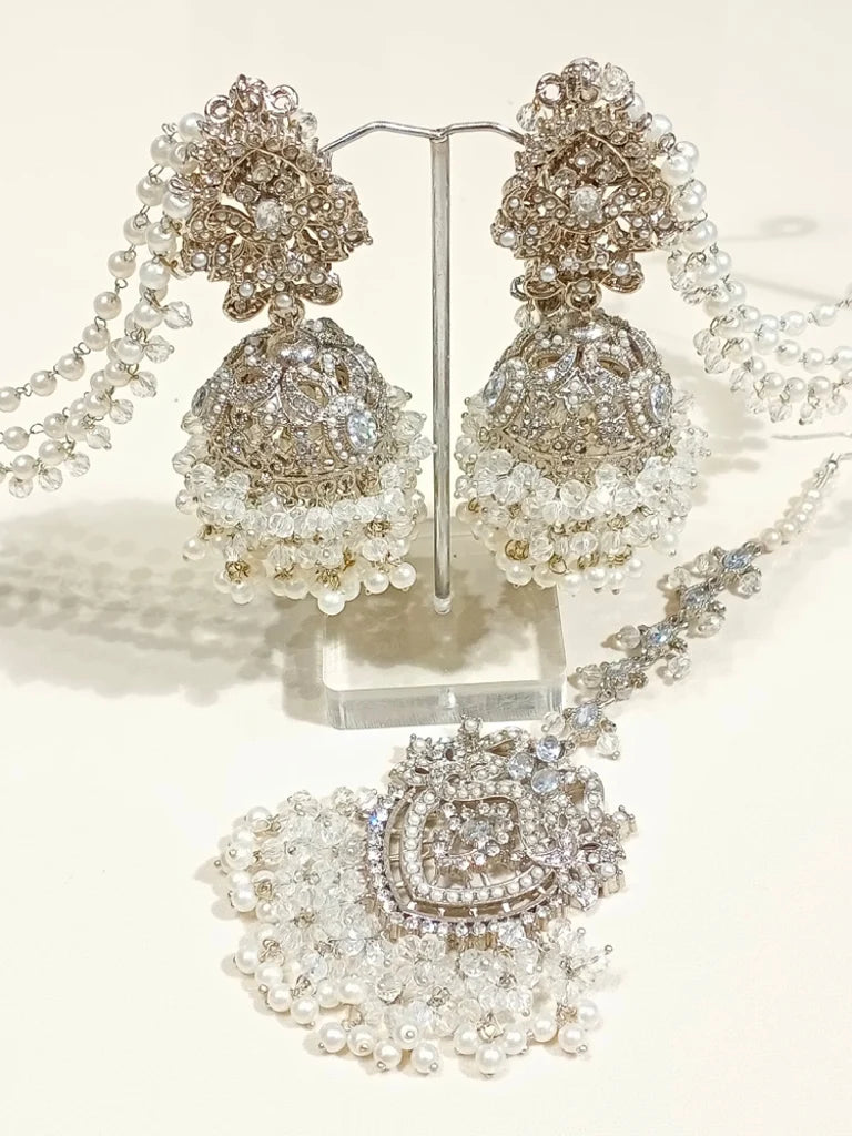 Jhumkis + Tikka (Silver White)