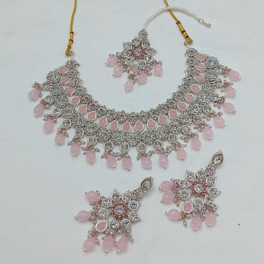 Heavy Silver Pink Crystallised Desi Jewellery Set with Elegant Necklace Earrings and Maang Tikka