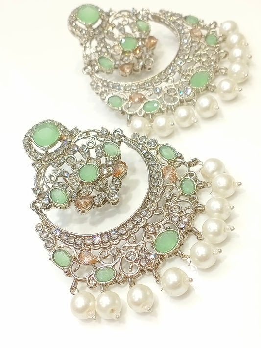 Silver Crystal Earrings - Light Green