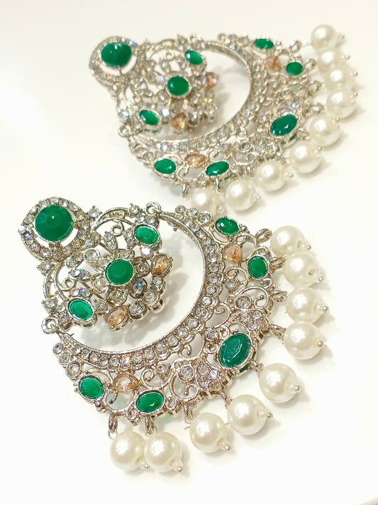 Silver Crystal Earrings - Dark Green