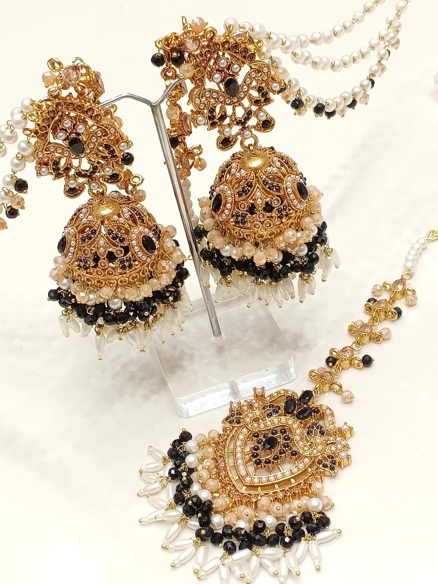Black And Apricot Jhumki Tikka Set