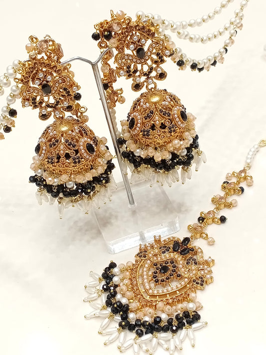 Black And Apricot Jhumki Tikka Set