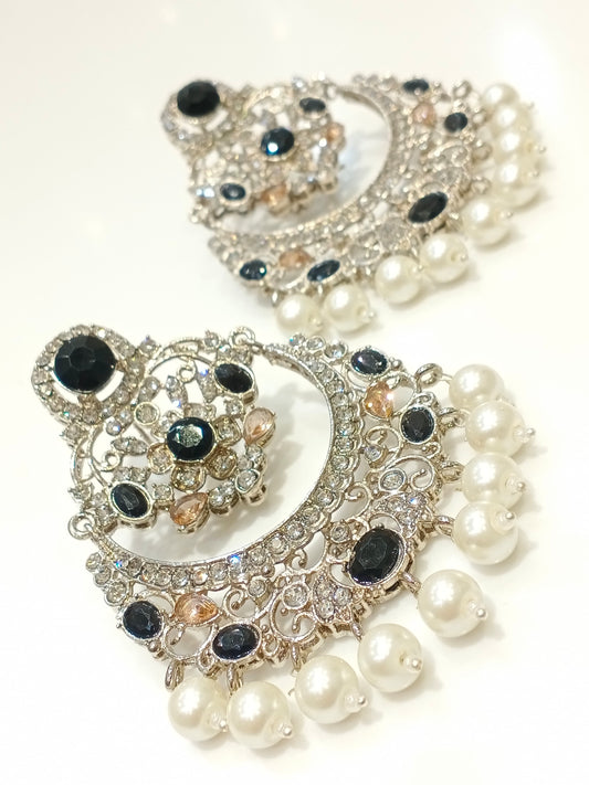 Silver Crystal Earrings - Black