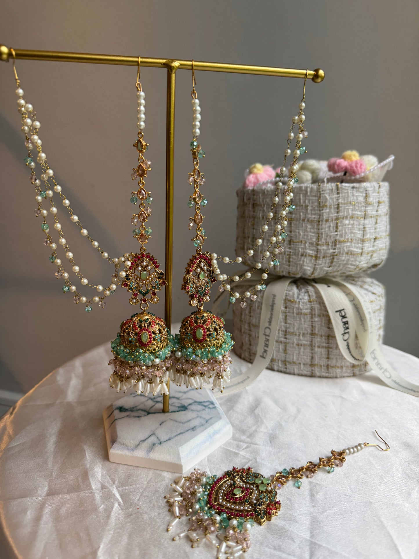 Light Blue And Pink Multi Jhumki Tikka Set