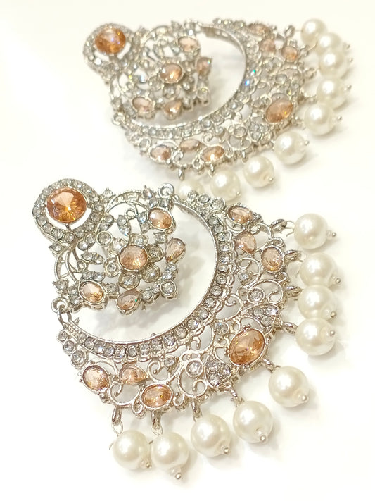 Silver Crystal Earrings - Peach
