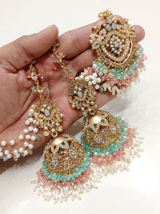 Jhumkis + Tikka ( Light Blue and Light Pink )