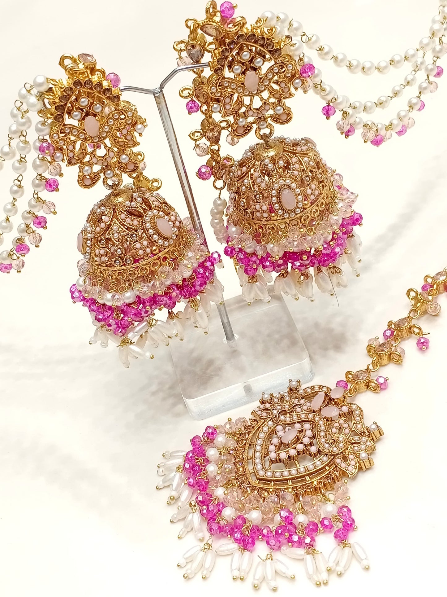 Pink And Gold Jhumki Tikka Set