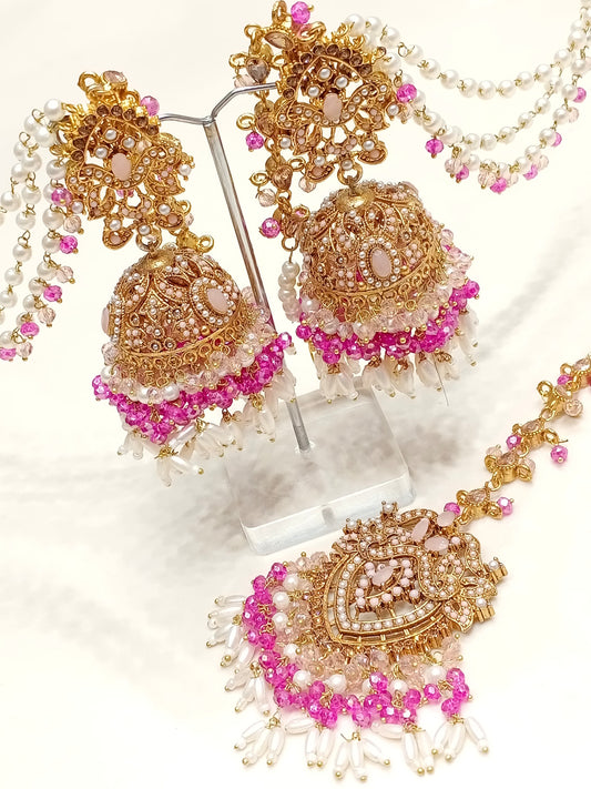 Pink And Gold Jhumki Tikka Set