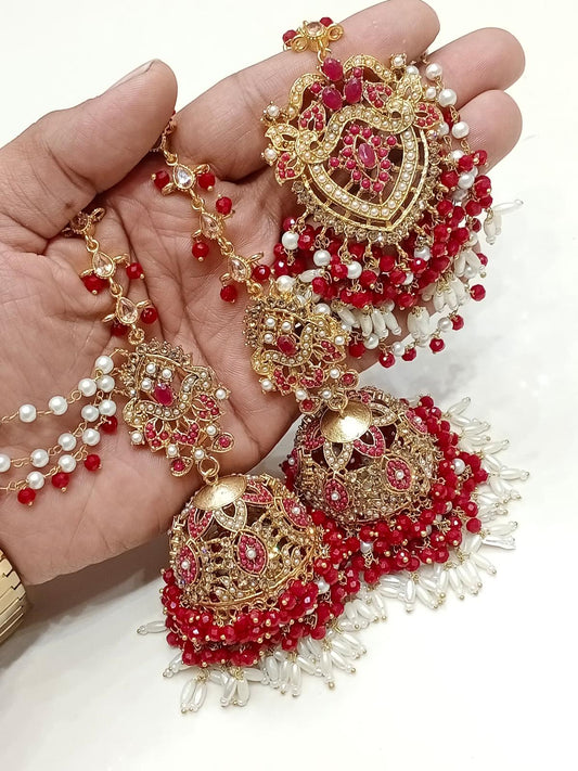 Jhumkis + Tikka ( Gold Royal Red )