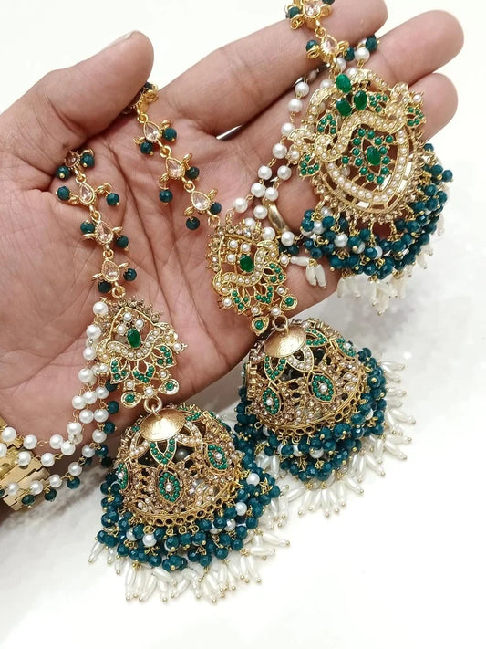 Jhumkis + Tikka (Emerald Green)