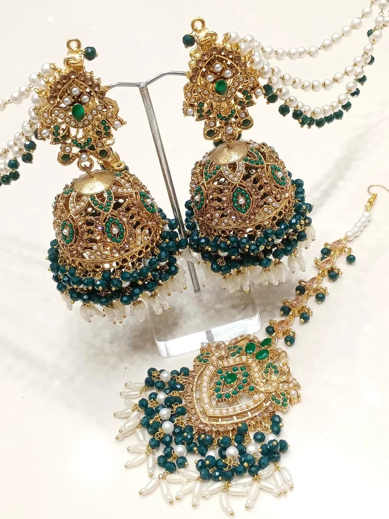 Jhumkis + Tikka (Emerald Green)