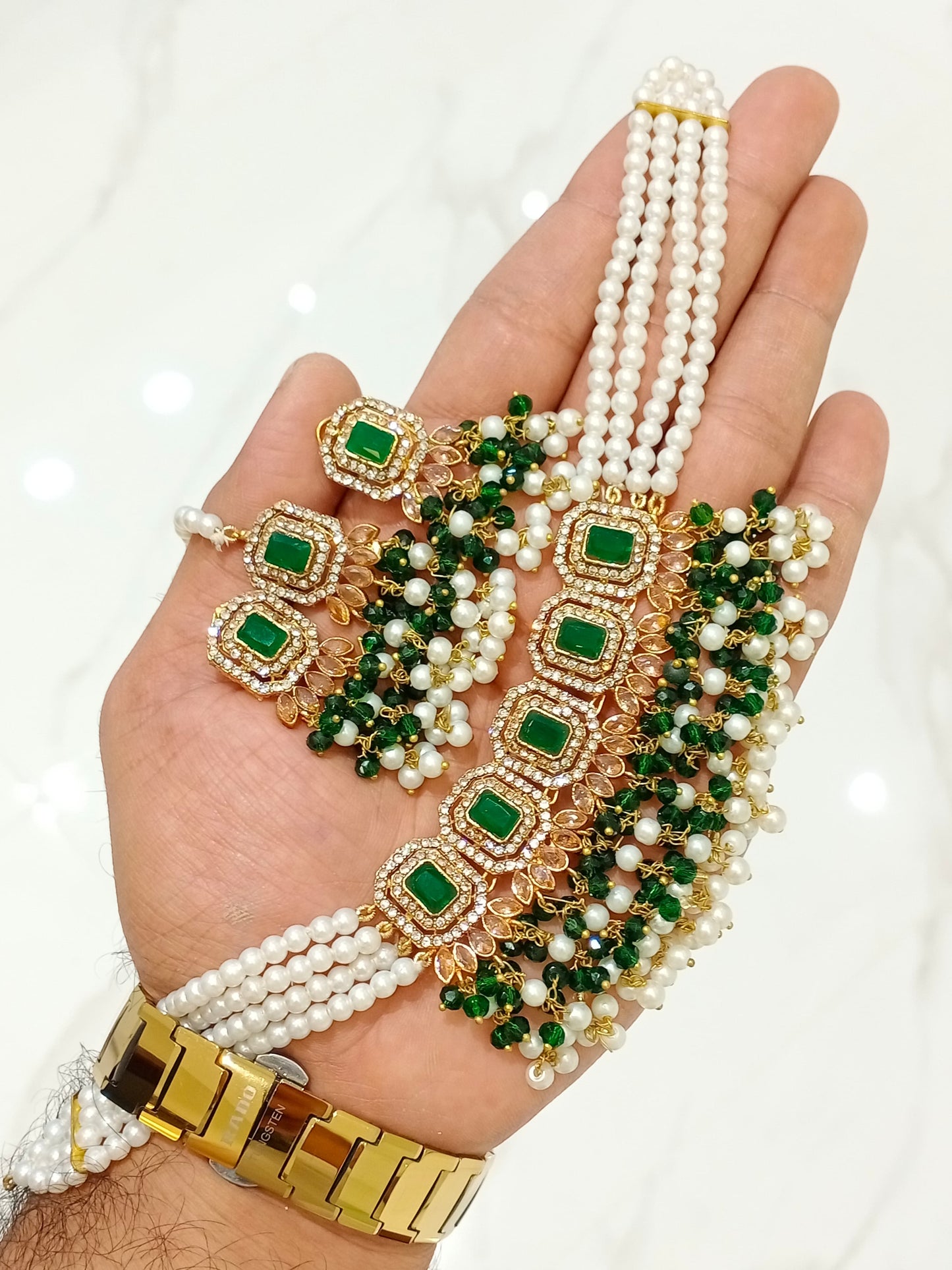 Emerald Green Choker Set With Tikka And Earrings