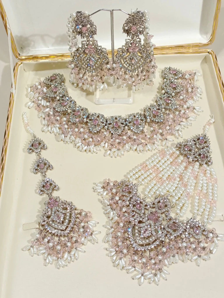 Full Bridal Jewellery Set (Silver Pink)