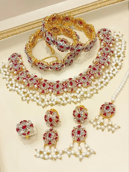 Full Desi Jewellery Set (Silver Red)