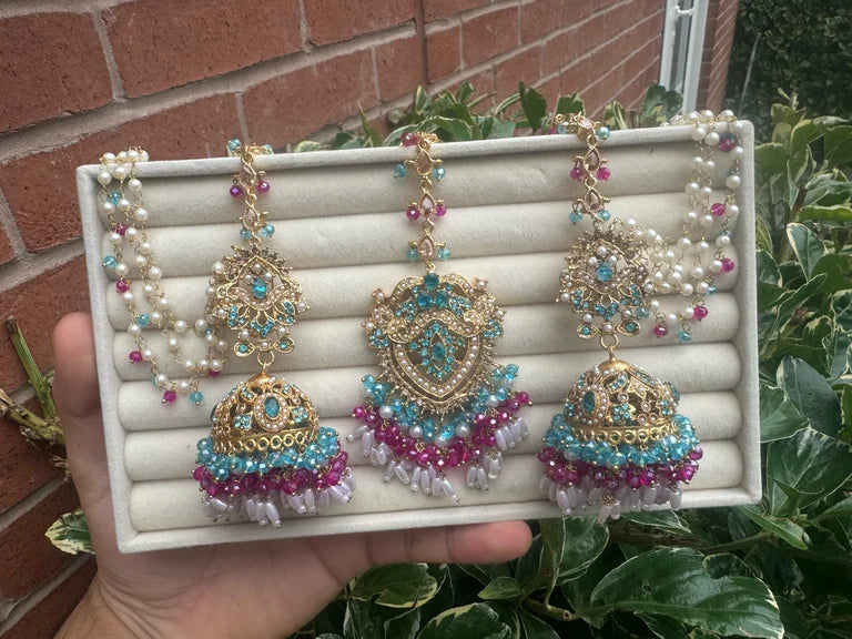 Jhumkis + Tikka (Blue and Purple)