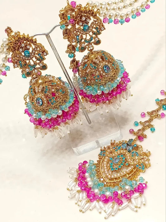 Jhumkis + Tikka (Blue and Purple)