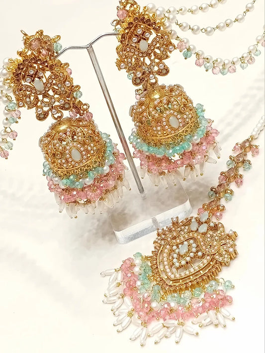 Jhumkis + Tikka ( Light Blue and Light Pink )