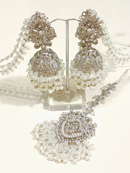 Jhumkis + Tikka (Silver White)
